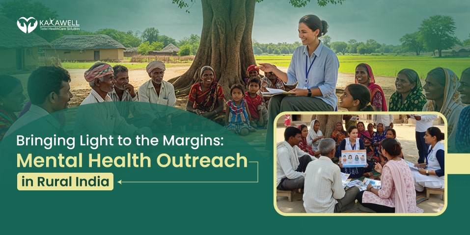 A healthcare worker engages in a mental health awareness session with a group of rural villagers under a tree, highlighting outreach efforts in rural India.