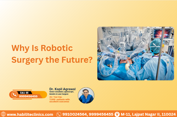 Promotional banner for robotic surgery featuring Dr. Kapil Agrawal, with a surgical team operating a robotic system. Includes contact details and clinic address.
