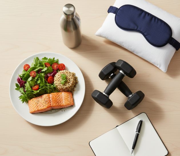 Flat lay of healthy lifestyle items including a plate with salmon, quinoa, and salad, a water bottle, sleep mask on a pillow, dumbbells, and an open notebook with a pen.
