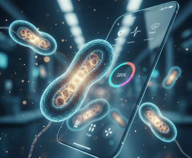 Futuristic illustration of a smartphone displaying health and fitness data, surrounded by glowing mitochondria, symbolizing cellular energy and digital health monitoring.