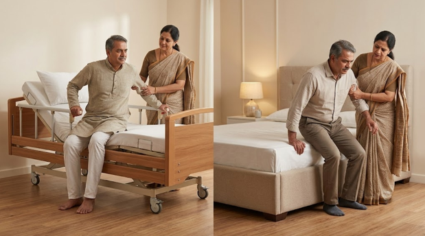 Patient recovering from surgery using an adjustable hospital bed at home