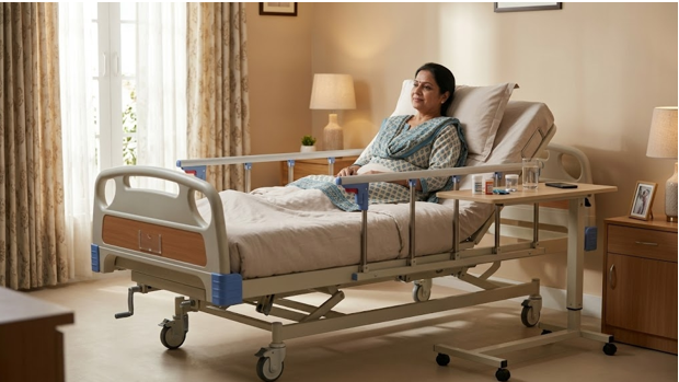 Hospital bed height and positioning adjustments helping with post-surgery patient care at home