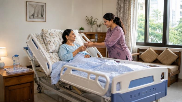 Caregiver assisting a post-surgery patient safely in an adjustable hospital bed at home